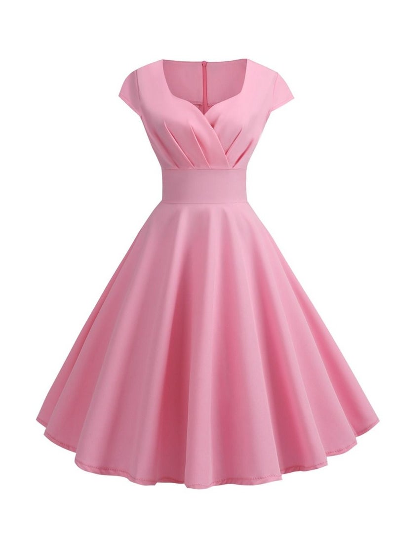 Vintage V-neck Half Sleeve Waist Wrap Solid Swing Dress Pink