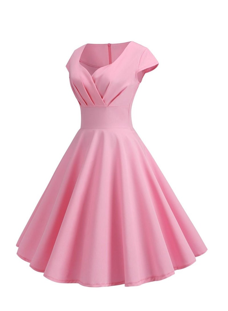 Vintage V-neck Half Sleeve Waist Wrap Solid Swing Dress Pink