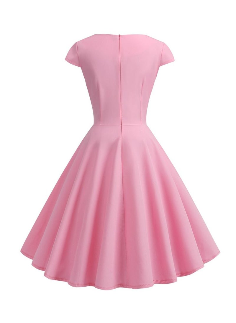 Vintage V-neck Half Sleeve Waist Wrap Solid Swing Dress Pink