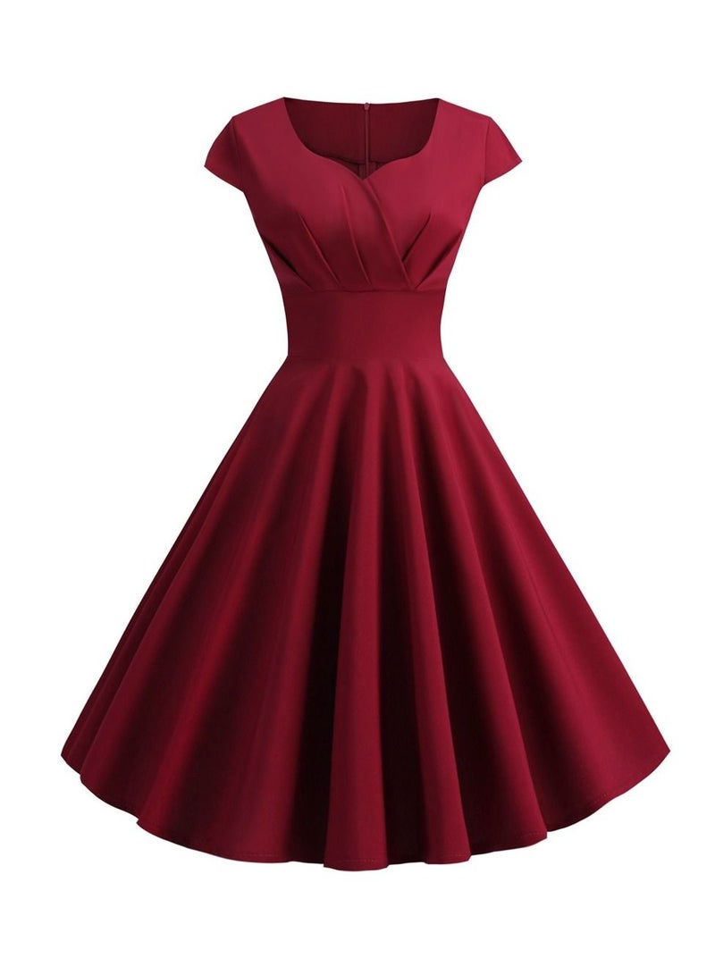 Vintage V-neck Half Sleeve Waist Wrap Solid Swing Dress Wine Red
