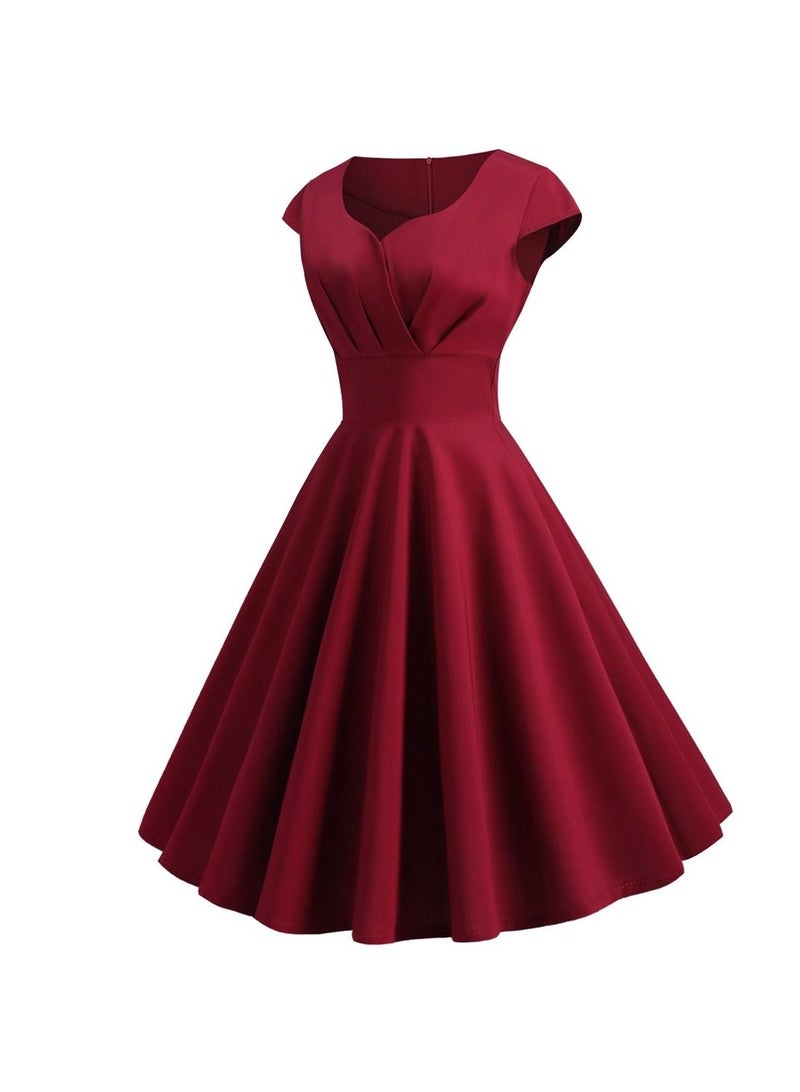 Vintage V-neck Half Sleeve Waist Wrap Solid Swing Dress Wine Red
