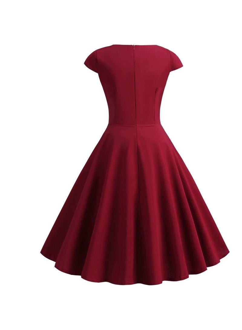 Vintage V-neck Half Sleeve Waist Wrap Solid Swing Dress Wine Red