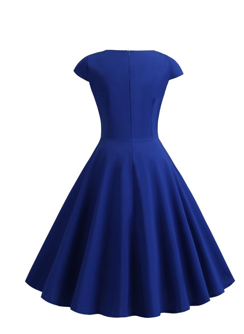 Vintage V-neck Half Sleeve Waist Wrap Solid Swing Dress Dark Blue