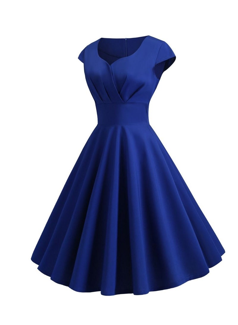 Vintage V-neck Half Sleeve Waist Wrap Solid Swing Dress Dark Blue