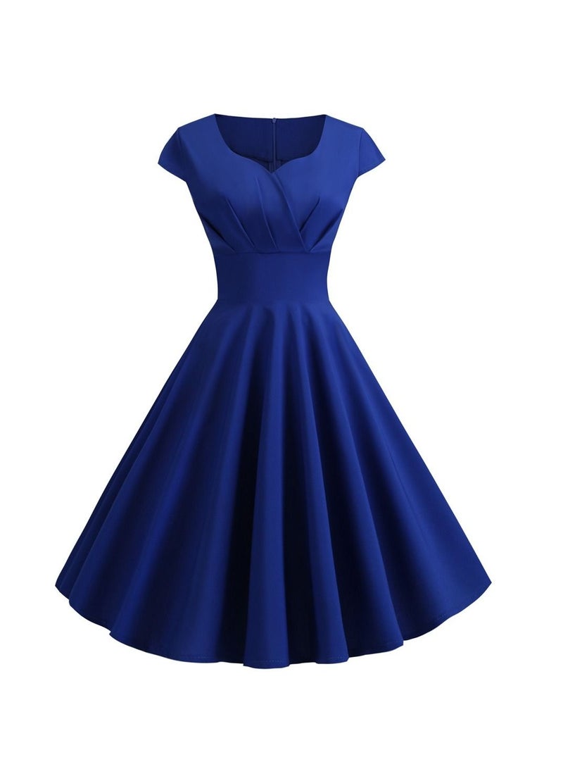 Vintage V-neck Half Sleeve Waist Wrap Solid Swing Dress Dark Blue