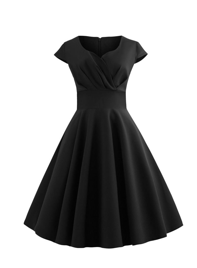 Vintage V-neck Waist Wrap Solid Swing Dress Black
