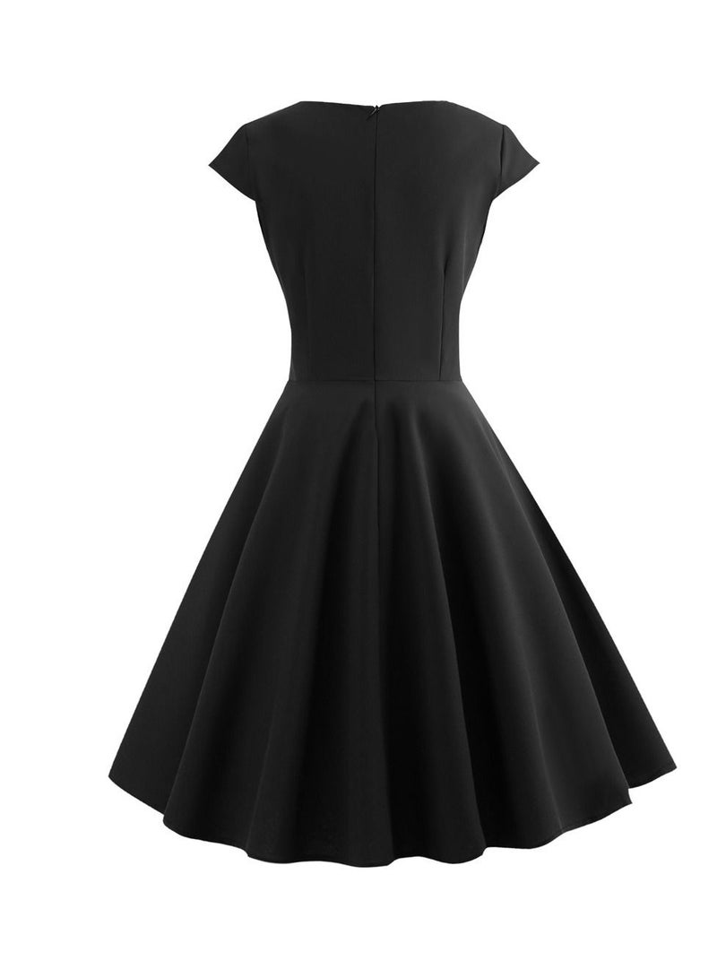 Vintage V-neck Waist Wrap Solid Swing Dress Black