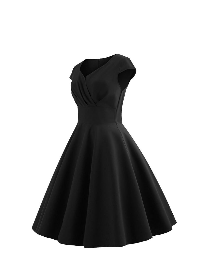 Vintage V-neck Waist Wrap Solid Swing Dress Black