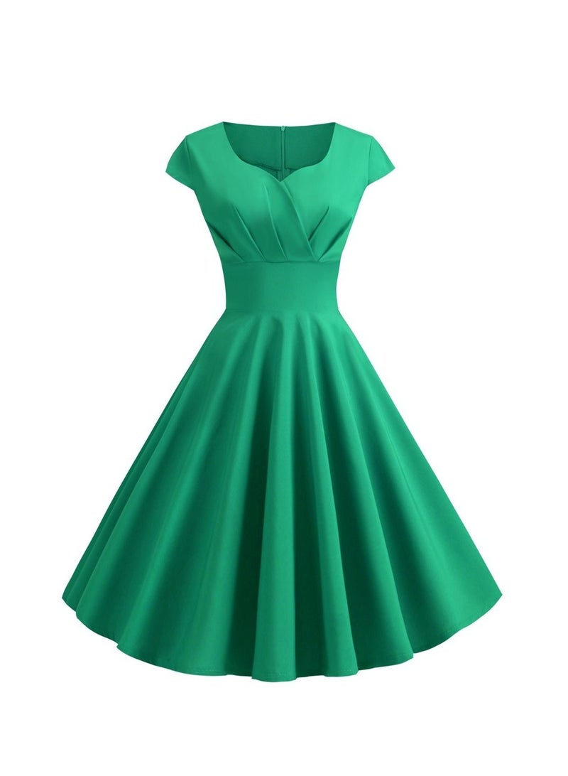 Vintage V-neck Half Sleeve Waist Wrap Solid Swing Dress Green