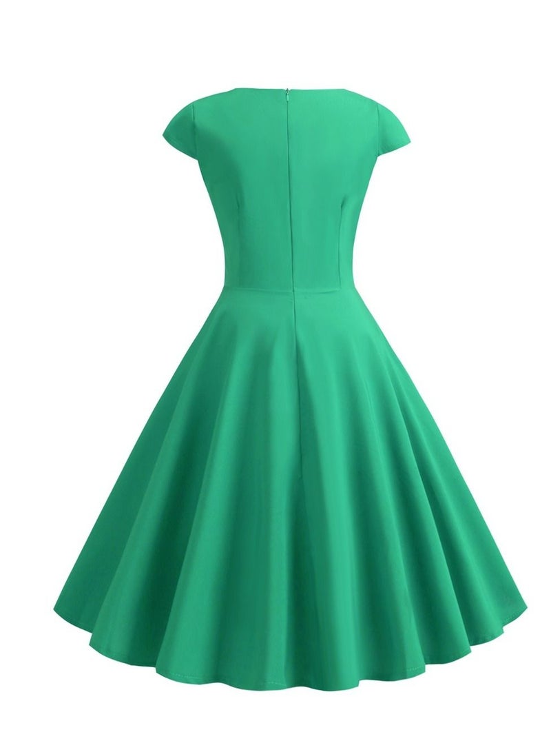 Vintage V-neck Half Sleeve Waist Wrap Solid Swing Dress Green