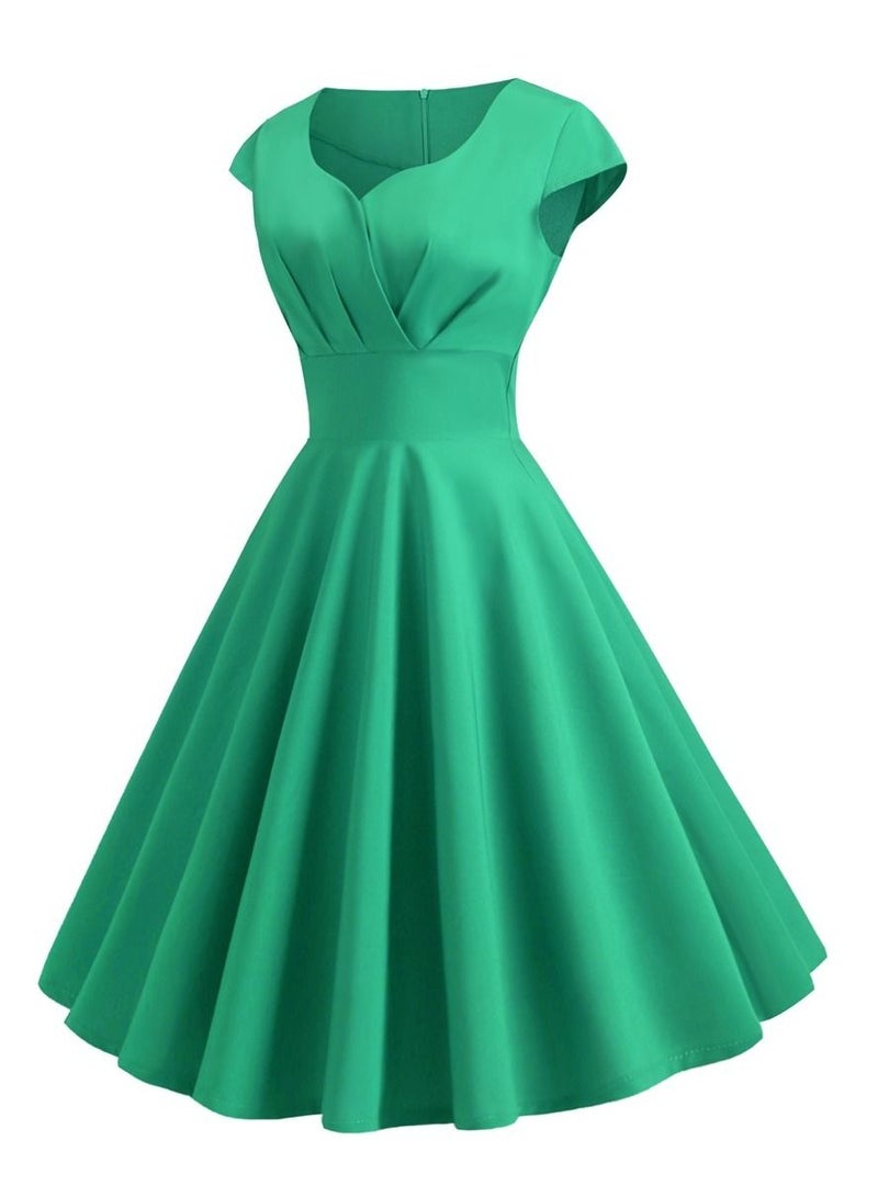 Vintage V-neck Half Sleeve Waist Wrap Solid Swing Dress Green