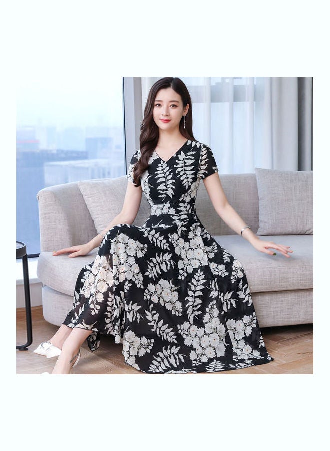 Summer Short Sleeve Fashion Printed Long Waisted Dress Multicolor