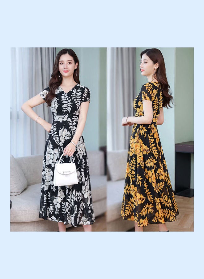 Summer Short Sleeve Fashion Printed Long Waisted Dress Multicolor