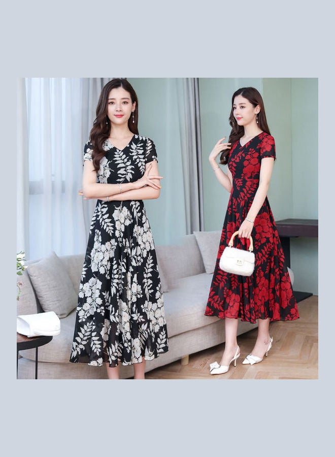 Summer Short Sleeve Fashion Printed Long Waisted Dress Multicolor