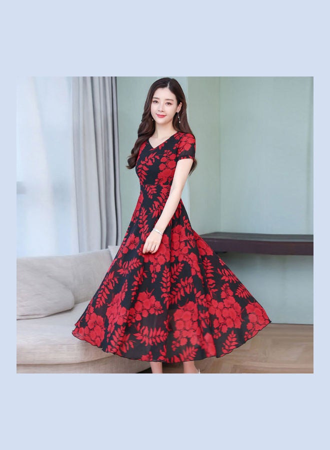 Summer Short Sleeve Fashion Printed Long Waisted Dress Multicolor
