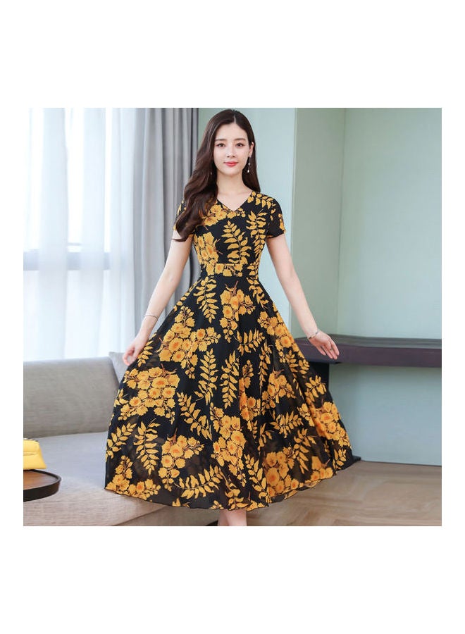 Summer Short Sleeve Fashion Printed Long Waisted Dress Multicolor