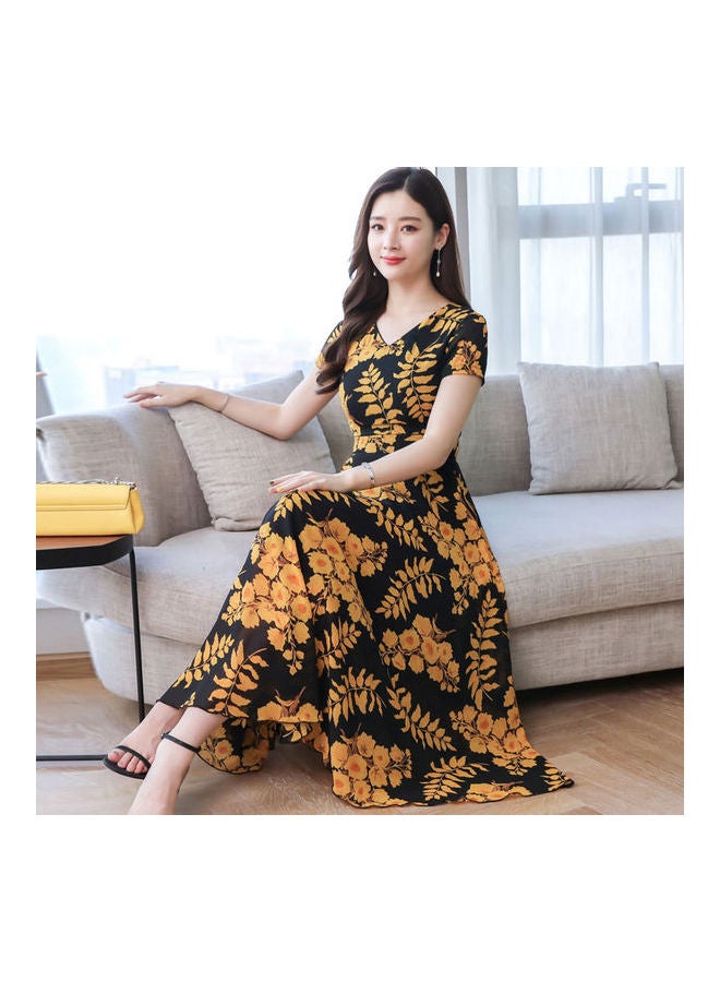 Summer Short Sleeve Fashion Printed Long Waisted Dress Multicolor