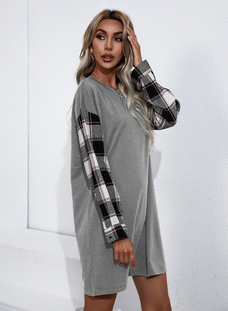 Women's Plaid Patchwork Dress Grey