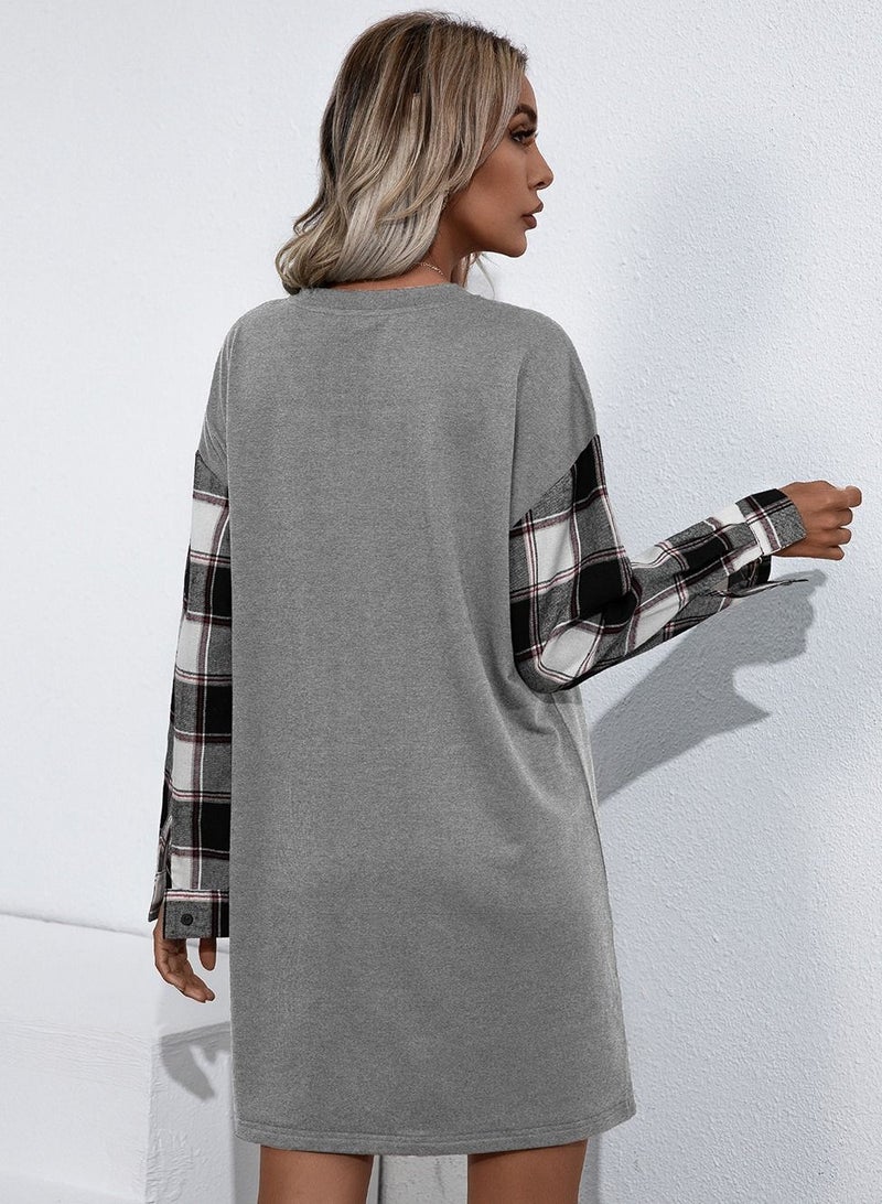 Women's Plaid Patchwork Dress Grey