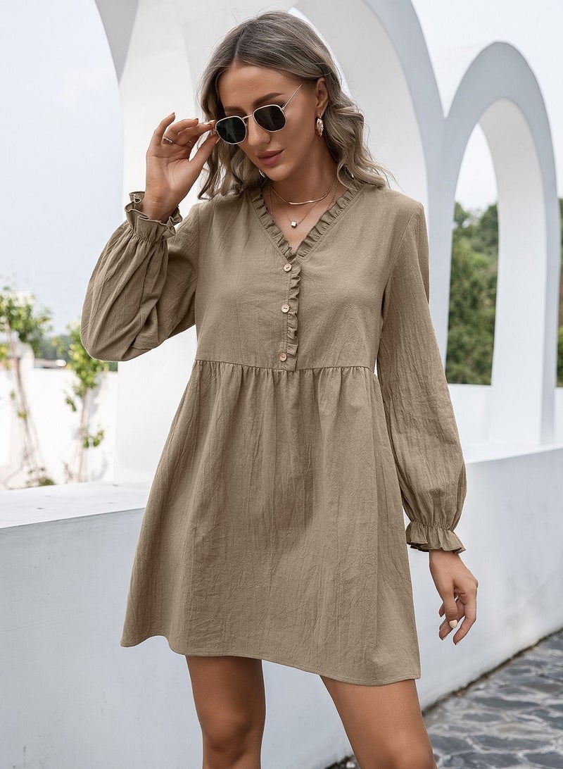 Women's Wooden Ear Ruffle Sleeve V-Neck Dress