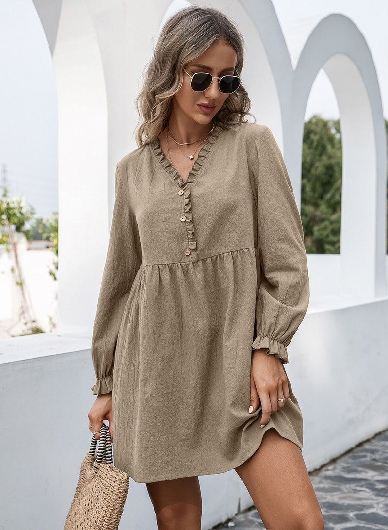 Women's Wooden Ear Ruffle Sleeve V-Neck Dress
