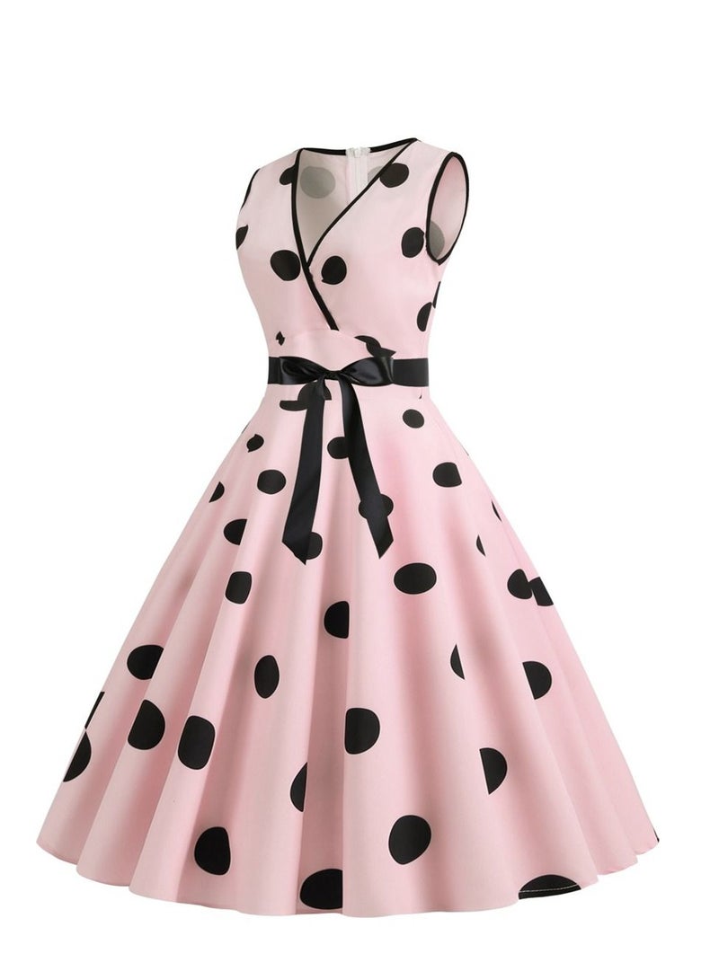 V-neck Sleeveless Polka Dot Lace Up Waist Retro Large Swing Dress Pink