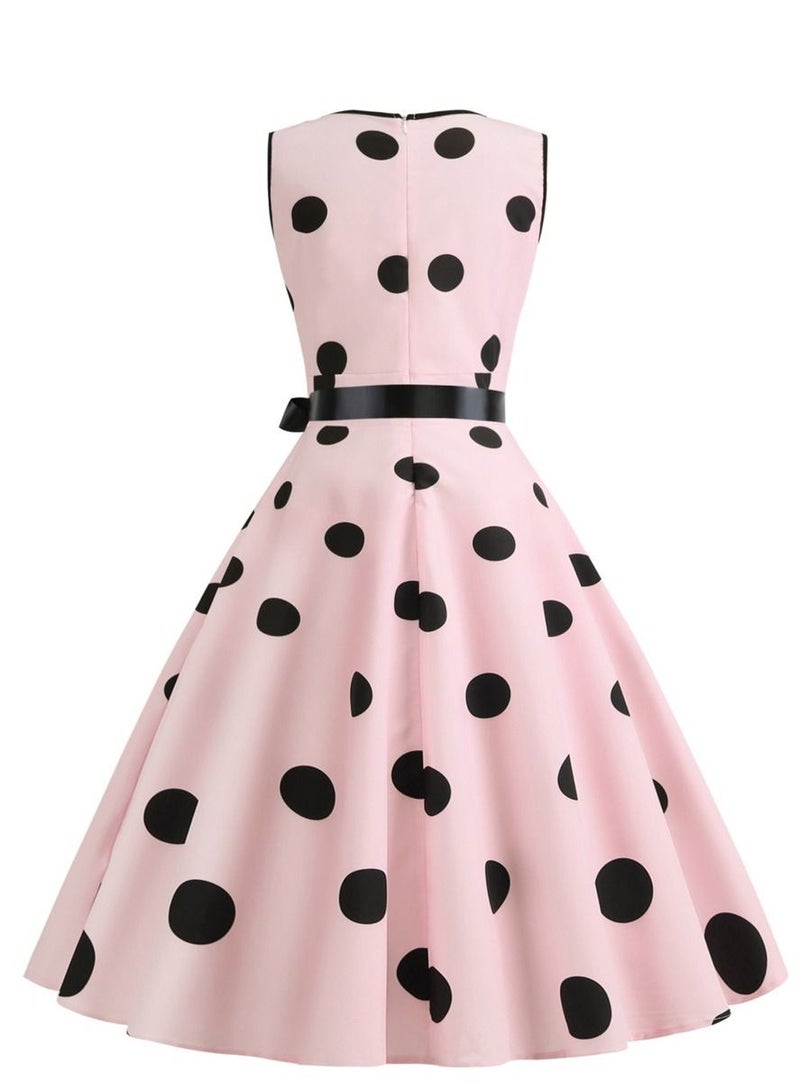 V-neck Sleeveless Polka Dot Lace Up Waist Retro Large Swing Dress Pink