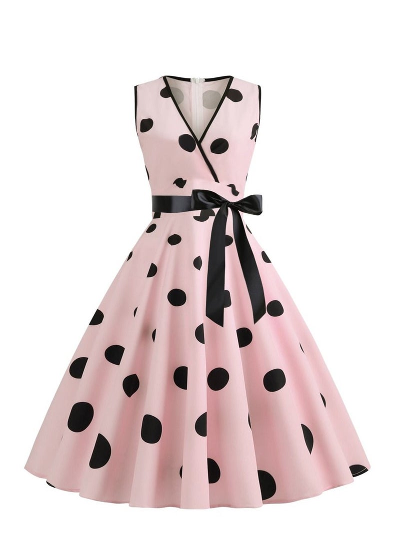 V-neck Sleeveless Polka Dot Lace Up Waist Retro Large Swing Dress Pink
