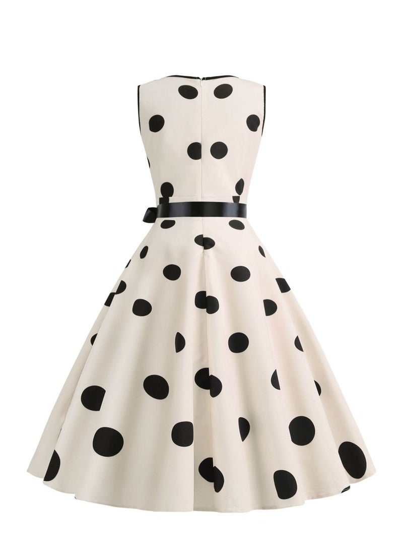 V-neck Sleeveless Polka Dot Lace Up Waist Retro Large Swing Dress Apricot