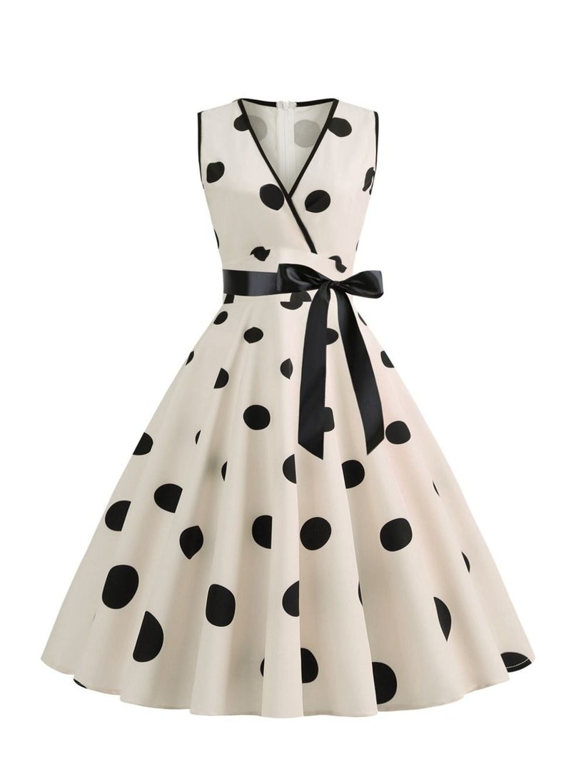 V-neck Sleeveless Polka Dot Lace Up Waist Retro Large Swing Dress Apricot
