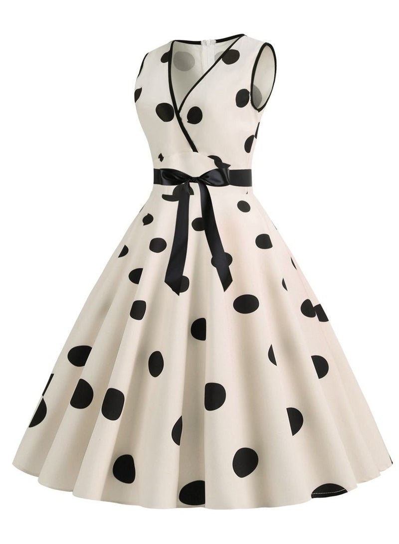 V-neck Sleeveless Polka Dot Lace Up Waist Retro Large Swing Dress Apricot