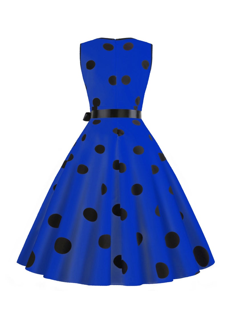 V-neck Sleeveless Polka Dot Lace Up Waist Retro Large Swing Dress Blue