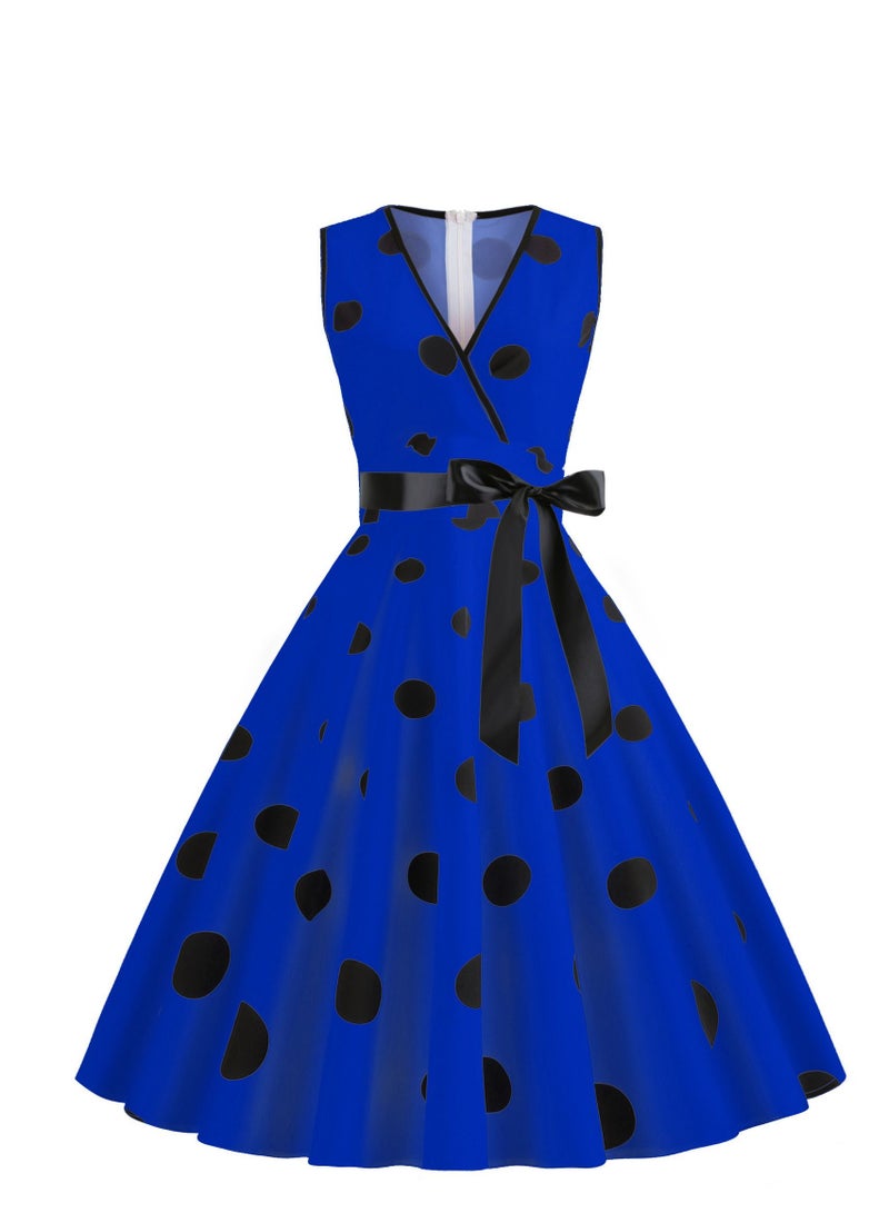 V-neck Sleeveless Polka Dot Lace Up Waist Retro Large Swing Dress Blue