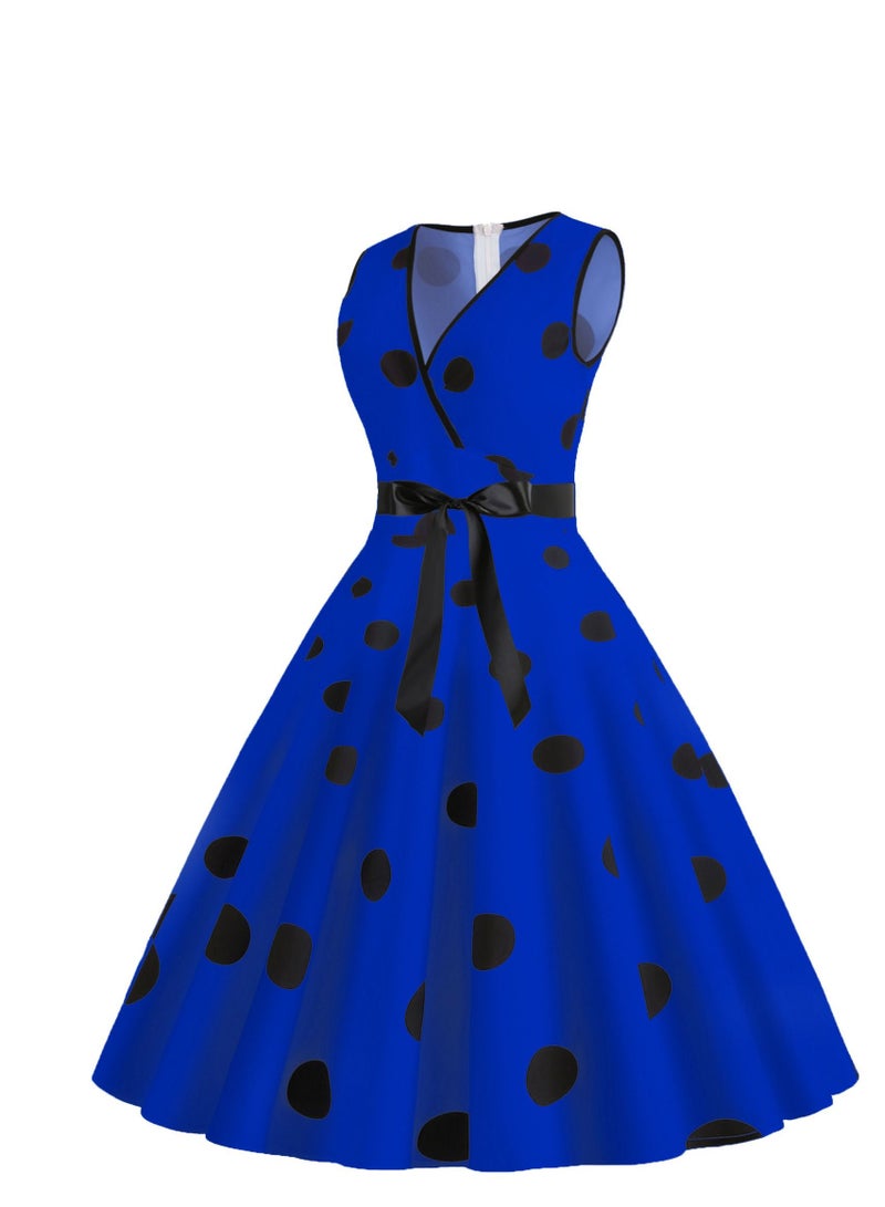 V-neck Sleeveless Polka Dot Lace Up Waist Retro Large Swing Dress Blue