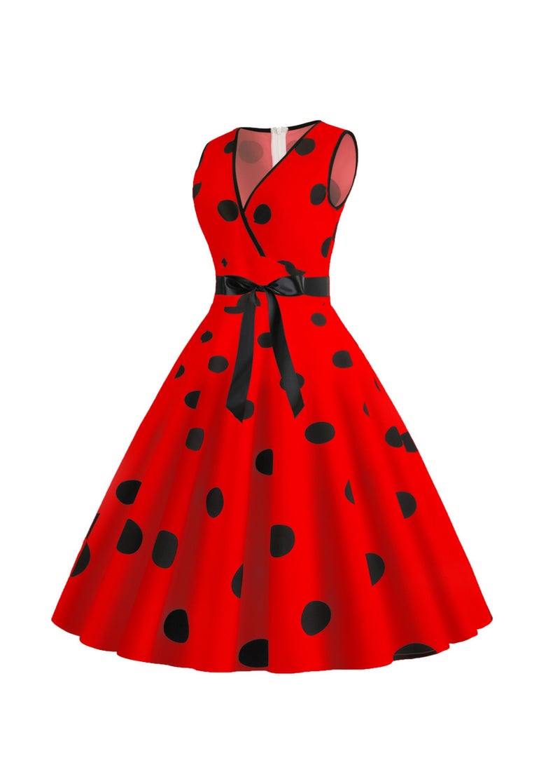 V-neck Sleeveless Polka Dot Lace Up Waist Retro Large Swing Dress Red