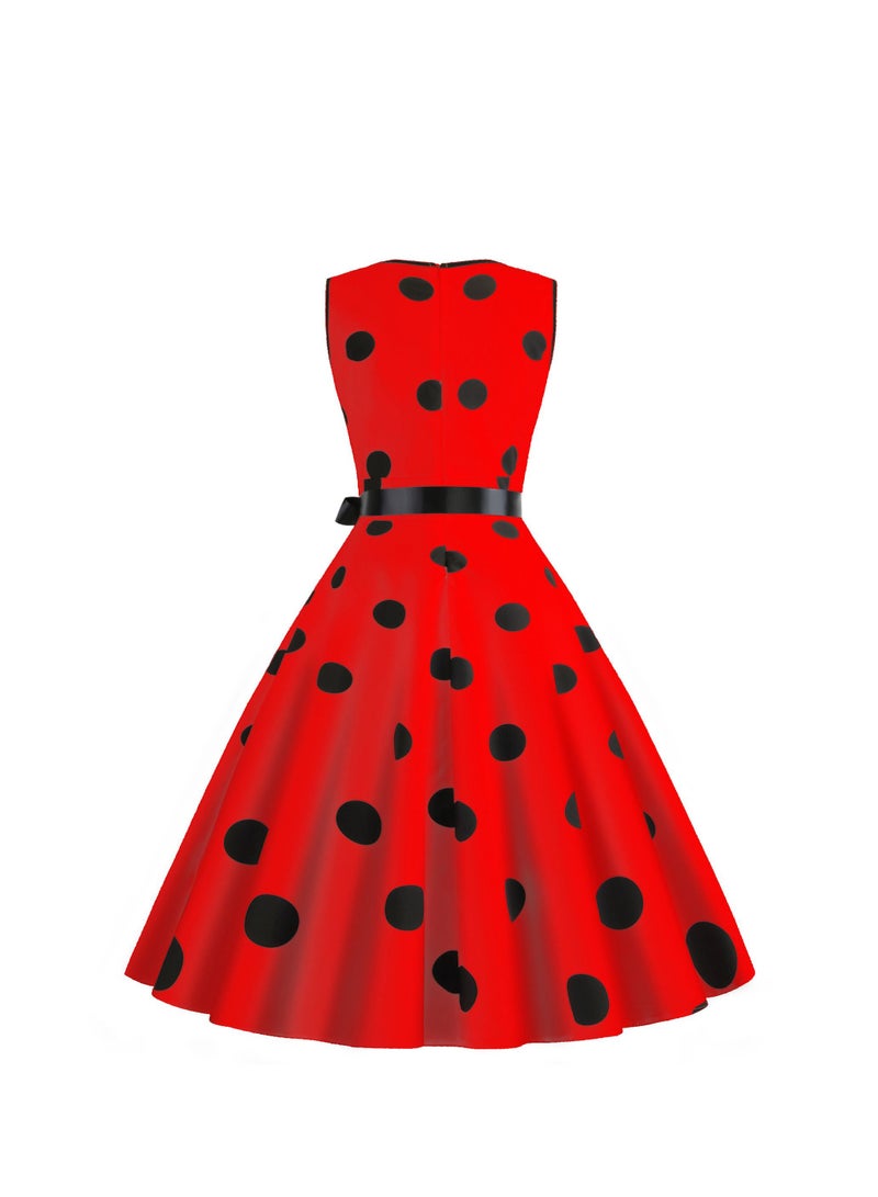 V-neck Sleeveless Polka Dot Lace Up Waist Retro Large Swing Dress Red