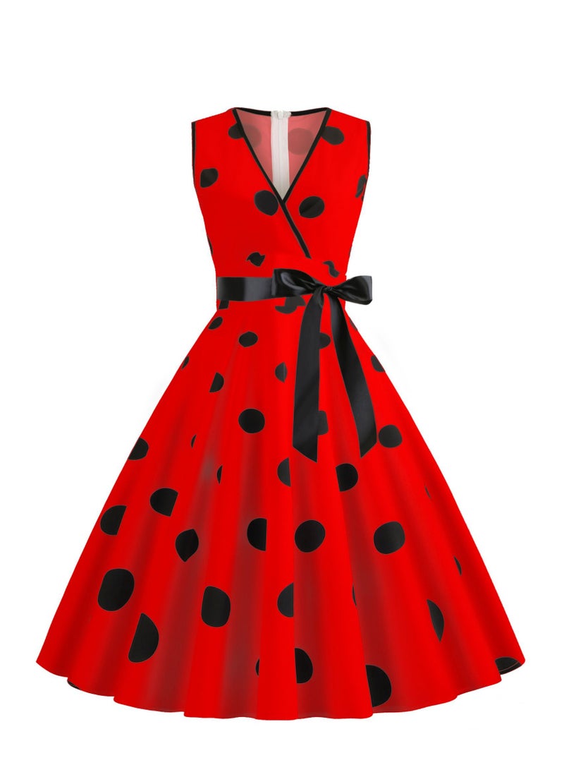 V-neck Sleeveless Polka Dot Lace Up Waist Retro Large Swing Dress Red