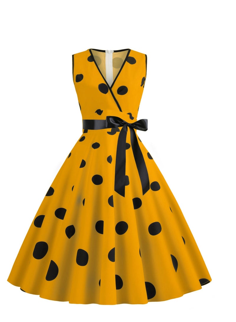 V-neck Sleeveless Polka Dot Lace Up Waist Retro Large Swing Dress Yellow