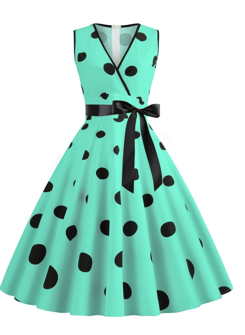 V-neck Sleeveless Polka Dot Lace Up Waist Retro Large Swing Dress Green