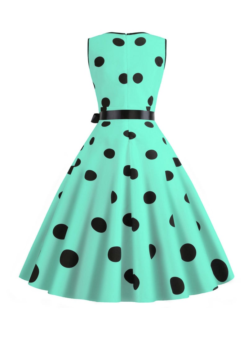 V-neck Sleeveless Polka Dot Lace Up Waist Retro Large Swing Dress Green