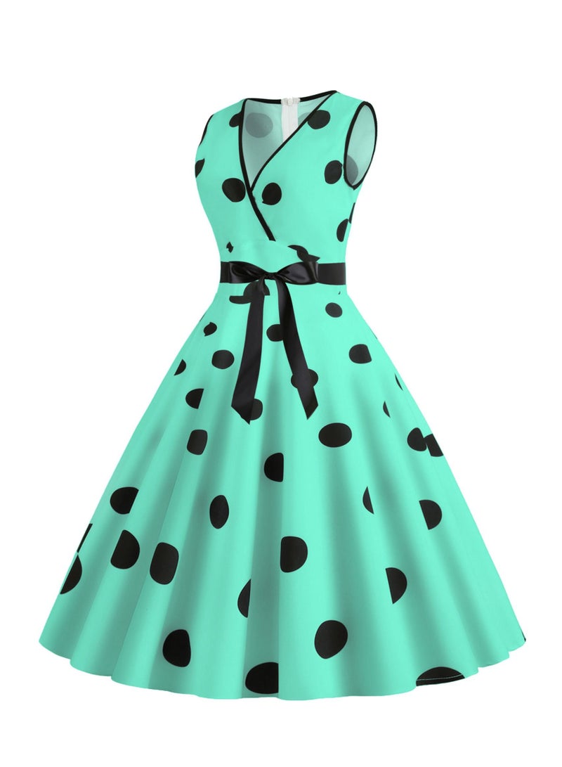 V-neck Sleeveless Polka Dot Lace Up Waist Retro Large Swing Dress Green