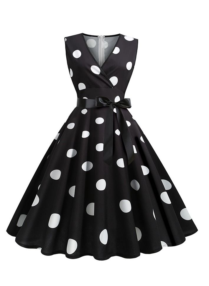 V-neck Sleeveless Polka Dot Lace Up Waist Retro Large Swing Dress Black