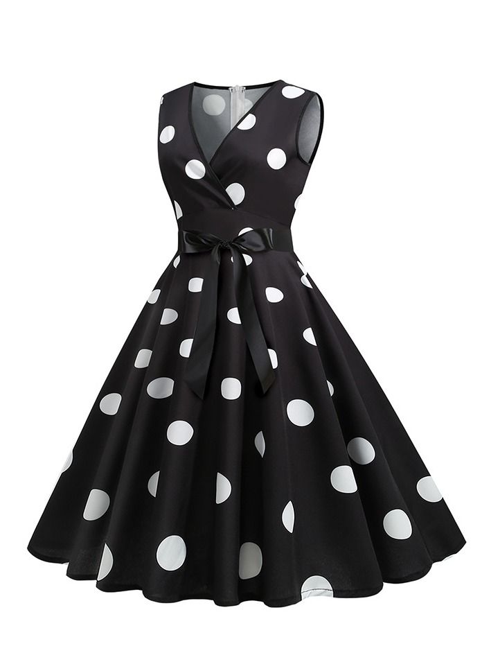 V-neck Sleeveless Polka Dot Lace Up Waist Retro Large Swing Dress Black