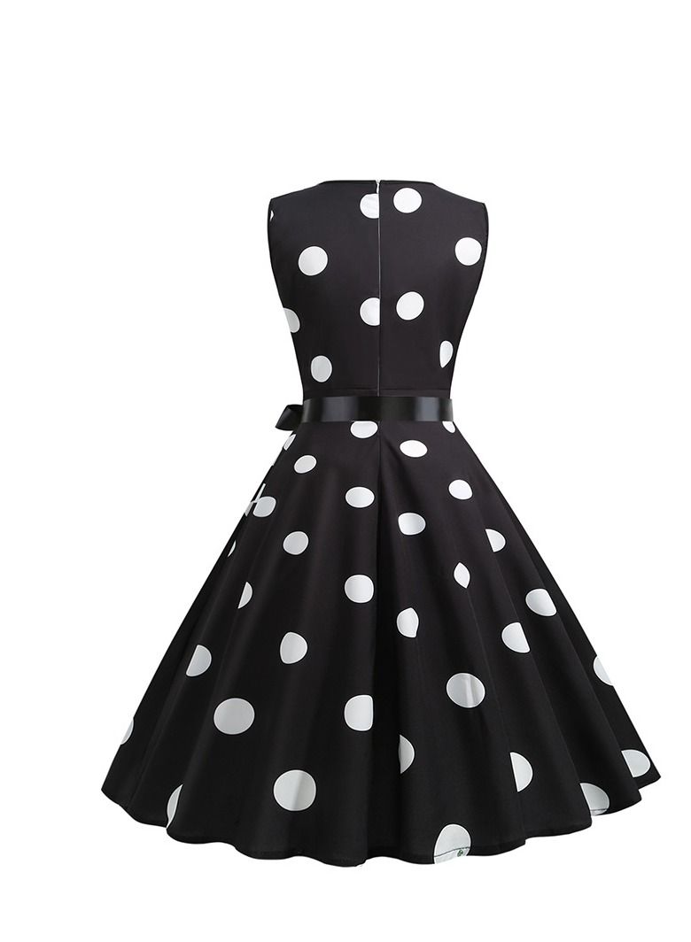 V-neck Sleeveless Polka Dot Lace Up Waist Retro Large Swing Dress Black