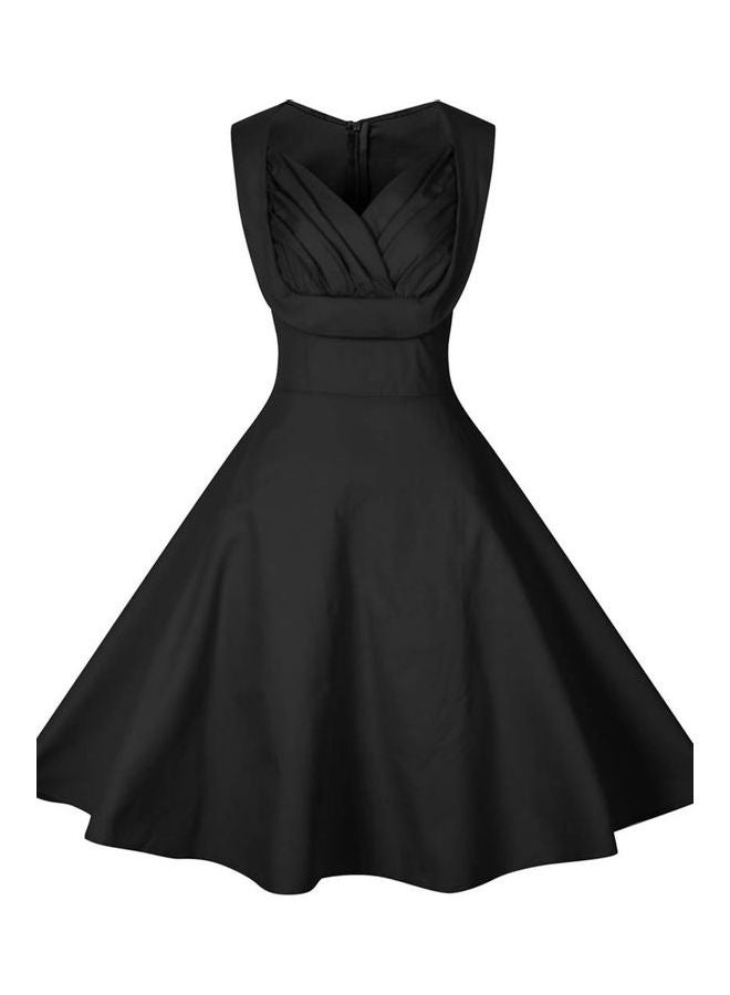 Women's Vintage Ruched V Neck Sleeveless Stitching Large Swing Dress Black