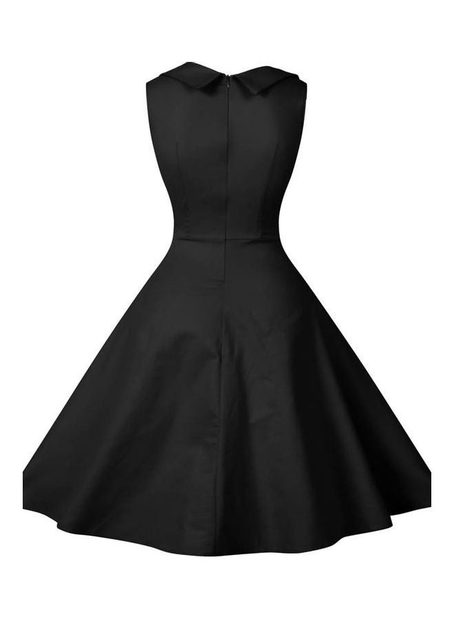 Women's Vintage Ruched V Neck Sleeveless Stitching Large Swing Dress Black
