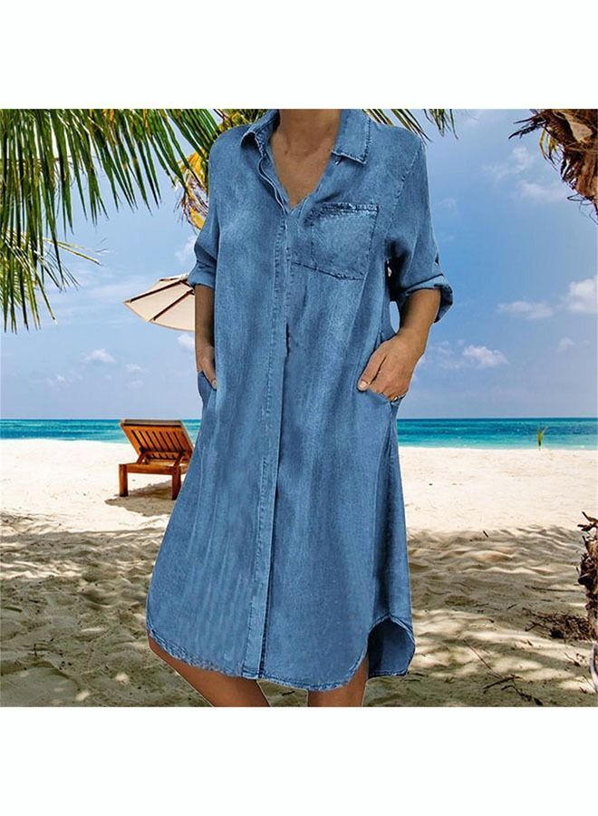 Women's Casual Denim Dress Loose Fit Button Closure