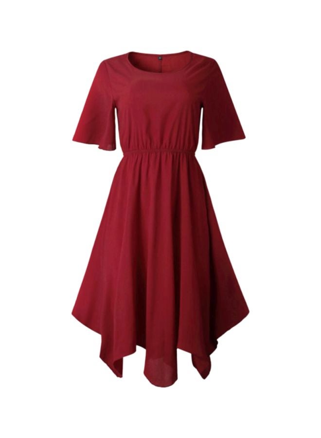 Round Neck Short Sleeve Irregular Dress Burgundy