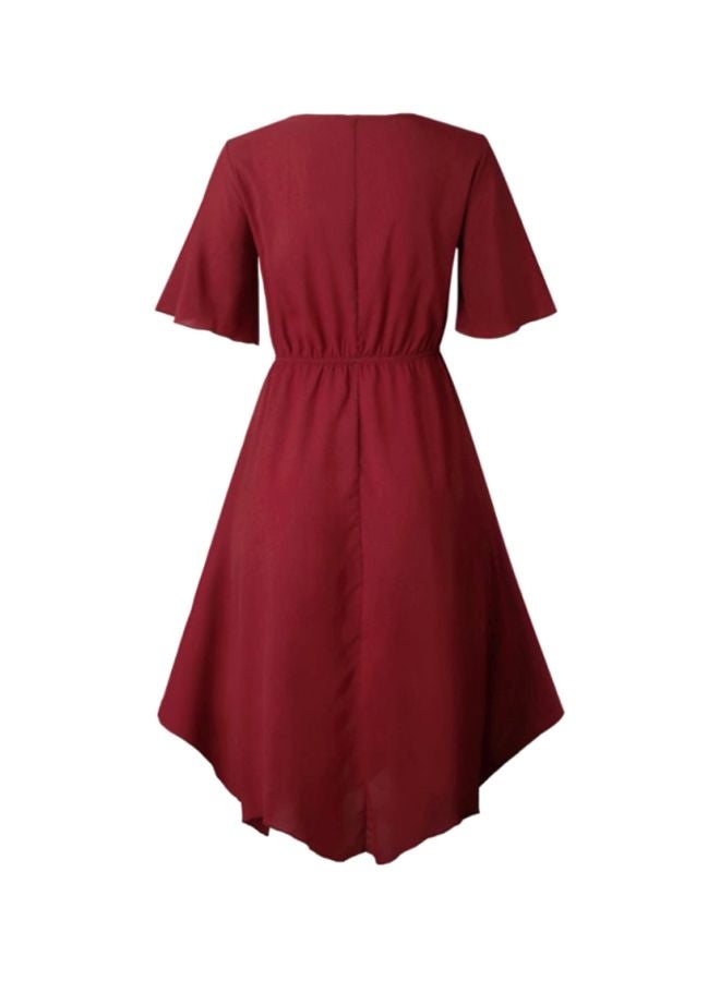 Round Neck Short Sleeve Irregular Dress Burgundy