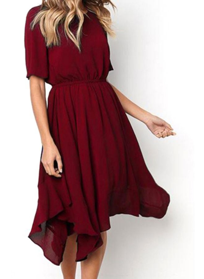 Round Neck Short Sleeve Irregular Dress Burgundy